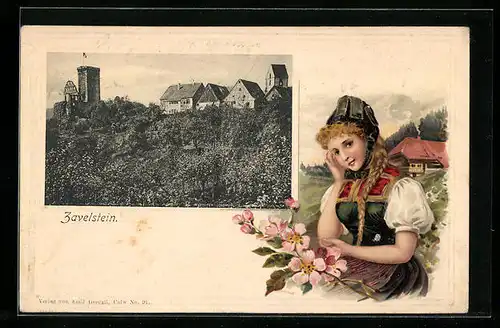 Passepartout-Lithographie Zavelstein, Blick nach dem Ort und der Ruine, Frau in Tracht