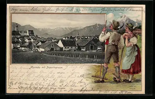 Passepartout-Lithographie Murnau, Blick in den Ort mit Zugspitzengruppe, Bauern in Tracht