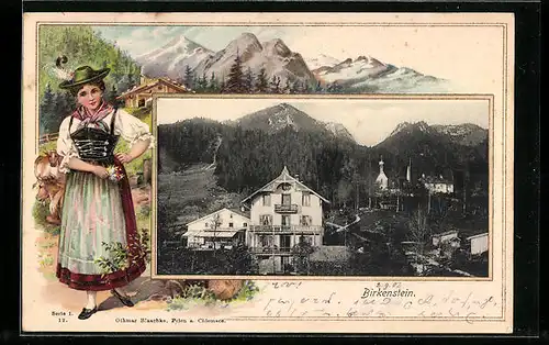 Passepartout-Lithographie Birkenstein, Blick in den Ort mit Hotel, Frau im Trachtekleid