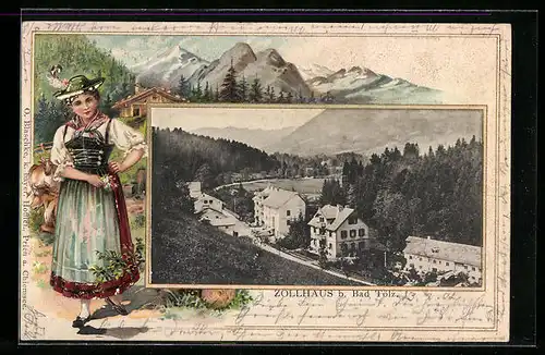 Passepartout-Lithographie Bad Tölz, Blick auf das Gasthaus Zollhaus, Frau in Tracht