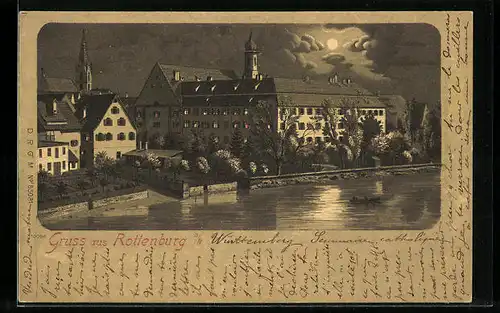 Lithographie Rottenburg a. N., Uferpartie bei Mondschein