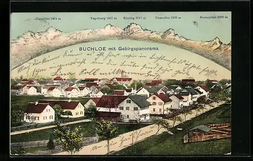 AK Buchloe, Teilansicht mit Strassenpartie, Gebirgspanoramamit Tegelberg, Säuling und Zugspitze