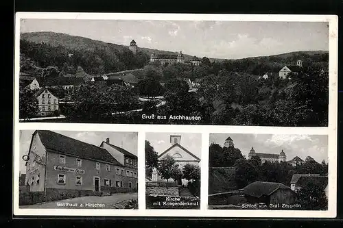 AK Aschhausen, Gasthaus zum Hirschen, Kirche mit Kriegerdenkmal, Schloss von Graf Zeppelin