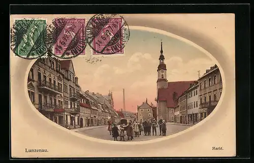 AK Lunzenau, Markt mit Geschäften