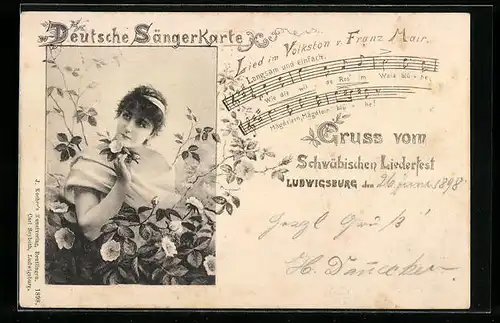 AK Ludwigsburg, Schwäbisches Liederfest, Junge Frau mit Blumen