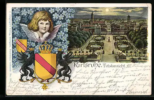 Lithographie Karlsruhe, Wappen und Totalansicht, Engelbild