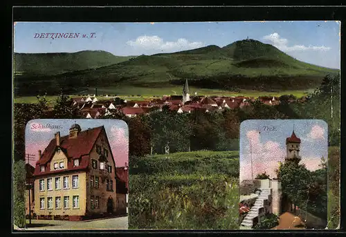 AK Dettlingen u. T., Blick auf das Schulhaus und die Burg Teck