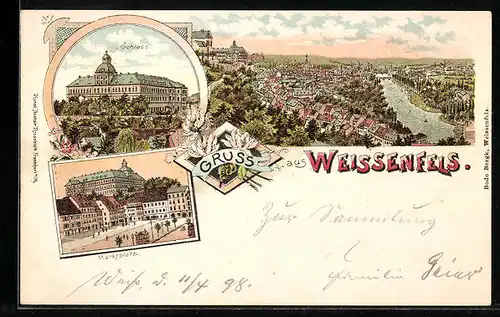 Lithographie Weissenfels, Ortsansicht, Schloss, Marktplatz