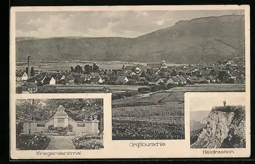 AK Grossburschla, Ortsansicht, Kriegerdenkmal, Heldrastein
