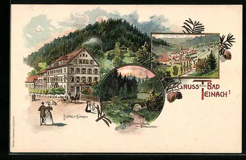 Lithographie Bad Teinach, Hotel zum Hirsch, Teinachtal mit Zavelstein