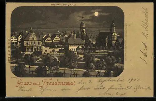 Lithographie Freudenstadt, Postamt und Evangelische Kirche