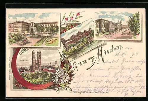 Lithographie München, Universität, Kgl. Residenz, Ortsansicht mit Frauenkirche