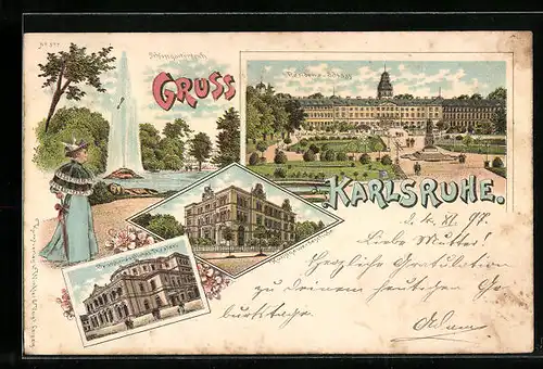 Lithographie Karlsruhe, Schlossgartenteich, Residenz-Schloss, Grossherzogliches Theater, Kunstgewerbeschule