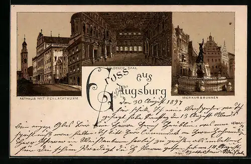 Lithographie Augsburg, Rathaus mit Perlachthurm, Merkurbrunnen, Goldener Saal