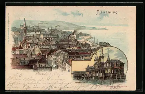 Lithographie Flensburg, Ortsansicht mit Dampfschiffs-Pavillon