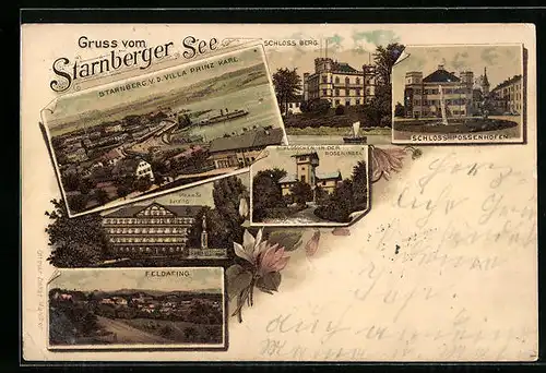 Lithographie Starnberg, Teilansicht u. Starnberger See v. d. Villa Prinz Karl, Hôtel am See Tutzing, Schloss Berg