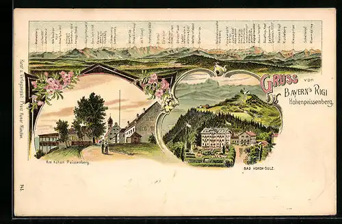 Lithographie Hohenpeissenberg, Hotel Bad Hohen-Sulz, Strassenpartie am hohen Peissenberg, Bergpanorama