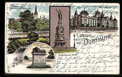 Lithographie Dortmund, Vehmlinde mit Petri-Nicolai-Kirche, Fredenbaum, Kriegerdenkmal 1866
