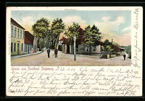 Lithographie Segeberg, Kieler Strasse Ecke Seestrasse mit Spaziergängern