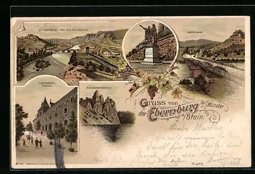 Lithographie Ebernburg a. Stein, Ortsansicht mit Rothenfels, Rheingrafenstein, Hutten-Sickingen Denkmal
