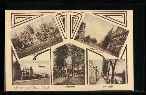 AK Neumünster, Drei Kaiser Denkmal, Kaserne, Gross Flecken, Strasse