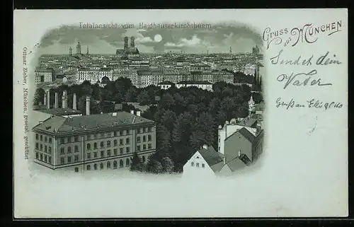 Mondschein-Lithographie München, Totalansicht vom Haidhauserkirchthurm