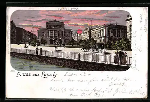 Lithographie Leipzig, Konzerthaus und Bibliothek