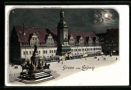 Mondschein-Lithographie Leipzig, Rathaus und Siegesdenkmal