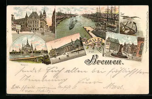 Lithographie Bremen, Bahnhof, Freihafen, Gerichtsgebäude