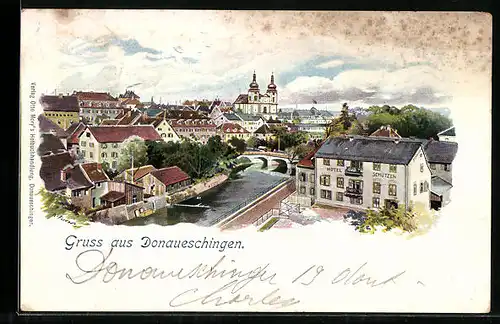 Lithographie Donaueschingen, Ortsansicht mit Fluss, Hotel Schützen