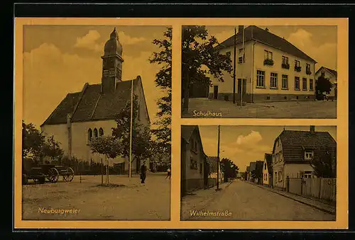AK Neuburgweier, Kirche, Schulhaus, Wilhelmstrasse