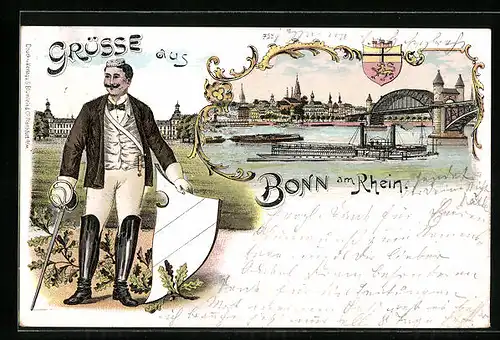 Lithographie Bonn a. Rh., Ortsansicht, Student mit Schläger