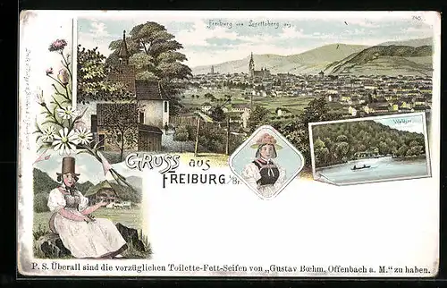 Lithographie Freiburg i. Br., Ortsansicht vom Lorettaberg aus, Waldsee, Frau in Tracht