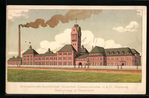 Lithographie Düsseldorf, Blick auf die Seifenfabrik der Grosseinkaufs-Gesellschaft Deutscher Consumverein m.b.H. Hamburg