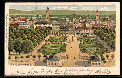 Lithographie Karlsruhe, Blicka uf die Stadt mit Parkanlage