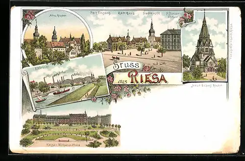 Lithographie Riesa, Kaiser Wilhelm Platz, Altes Kloster, Neue Evang. Kirche