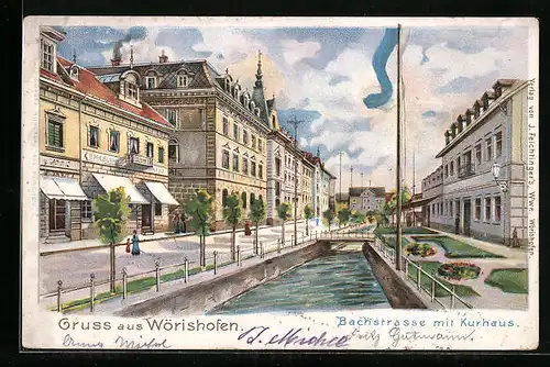 Lithographie Bad Wörishofen, Bachstrasse mit dem Kurhaus