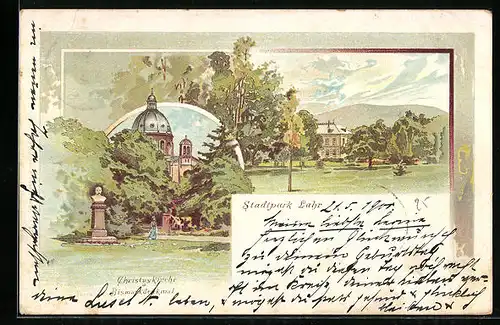 Lithographie Lahr, Blick in den Stadtpark, Christuskirche mit Bismarckdenkmal