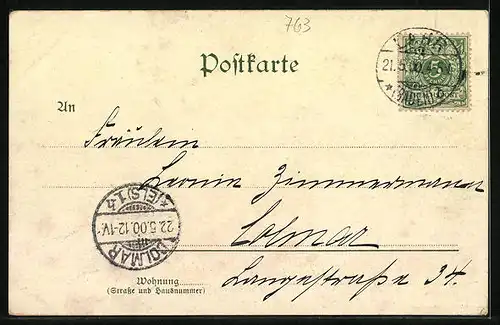 Lithographie Lahr, Blick in den Stadtpark, Christuskirche mit Bismarckdenkmal