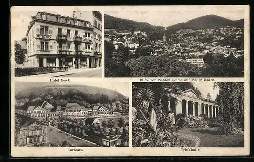 AK Baden-Baden, Hotel Bock, Kurkaus, Trinkhalle, Blick auf die Stadt vom Schloss Solms aus