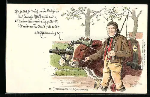 Lithographie Deckenpfronn b. Herrenberg, Bauer in Tracht mit seinem Ochesengespann