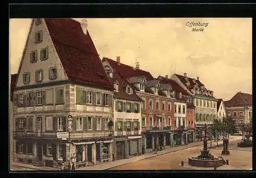 AK Offenburg, Blick auf den Markt mit Geschäften