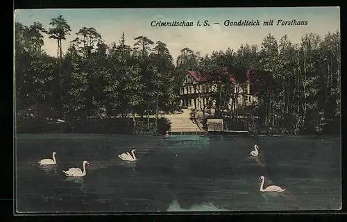 AK Crimmitschau i. Sa., Blick auf den Gondelteich mit Forsthaus