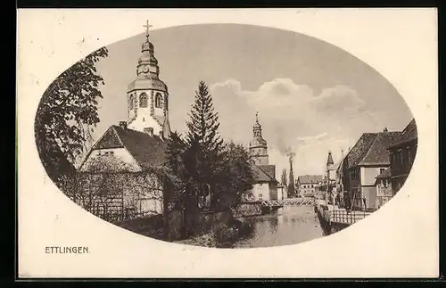 AK Ettlingen, Flusspartie mit anliegenden Wohnhäusern