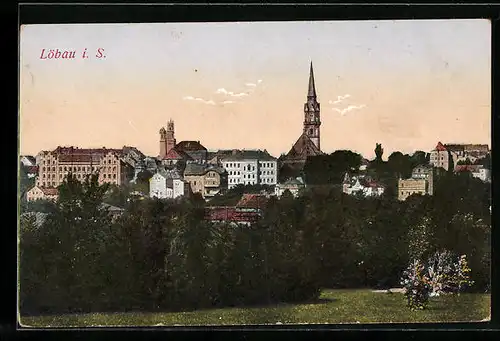 AK Löbau i. S., Blick auf die Stadt mit den Kirchtürmen