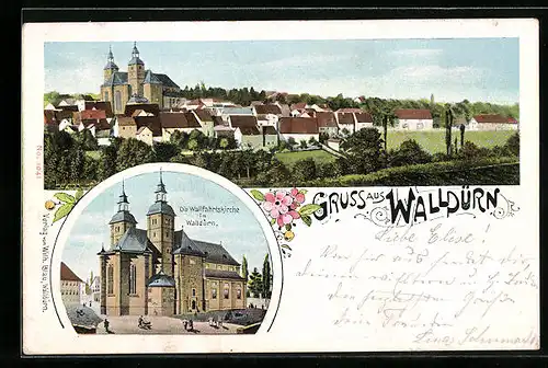 Lithographie Walldürn, Wallfahrtskirche und Fernansicht