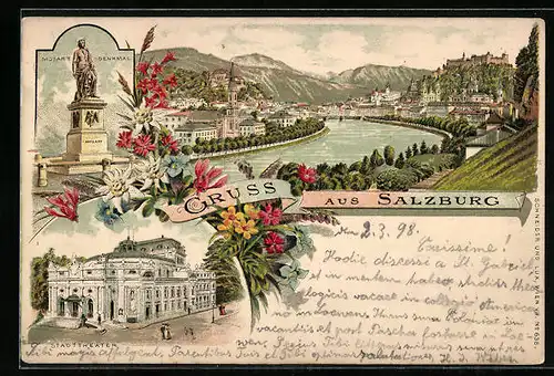 Lithographie Salzburg, Ortsansicht, Mozart Denkmal, Stadttheater