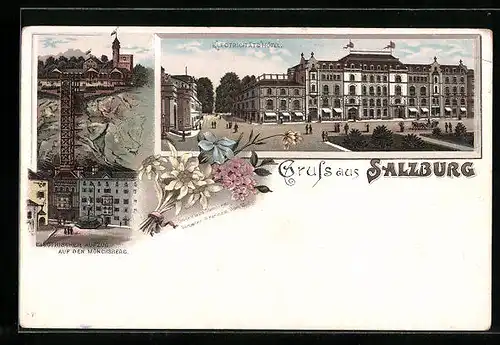 Lithographie Salzburg, Electricitäts-Hotel, Electrischer Aufzug auf den Mönchsberg