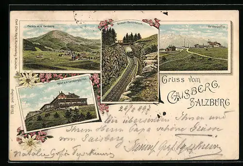 Lithographie Salzburg, Gaisberg, Grosser Durchbruch, Parsch m. d. Gaisberg, Hotel a. d. Gaisbergspitze
