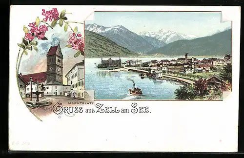 Lithographie Zell am See, Ortsansicht, Marktplatz
